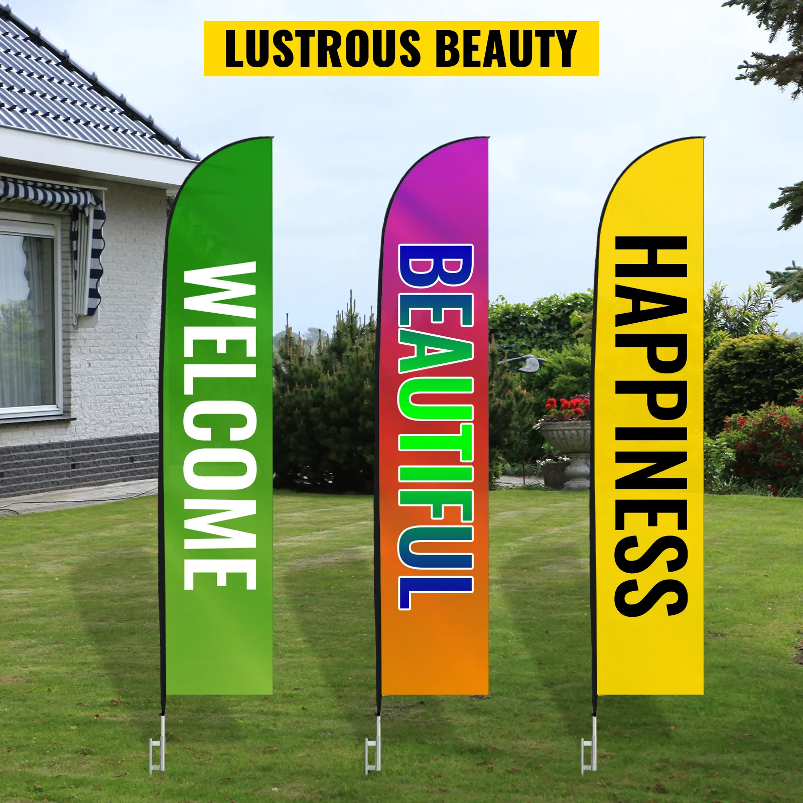 VEVOR advertising flag pole set with "welcome," "beautiful," and "happiness" flags.