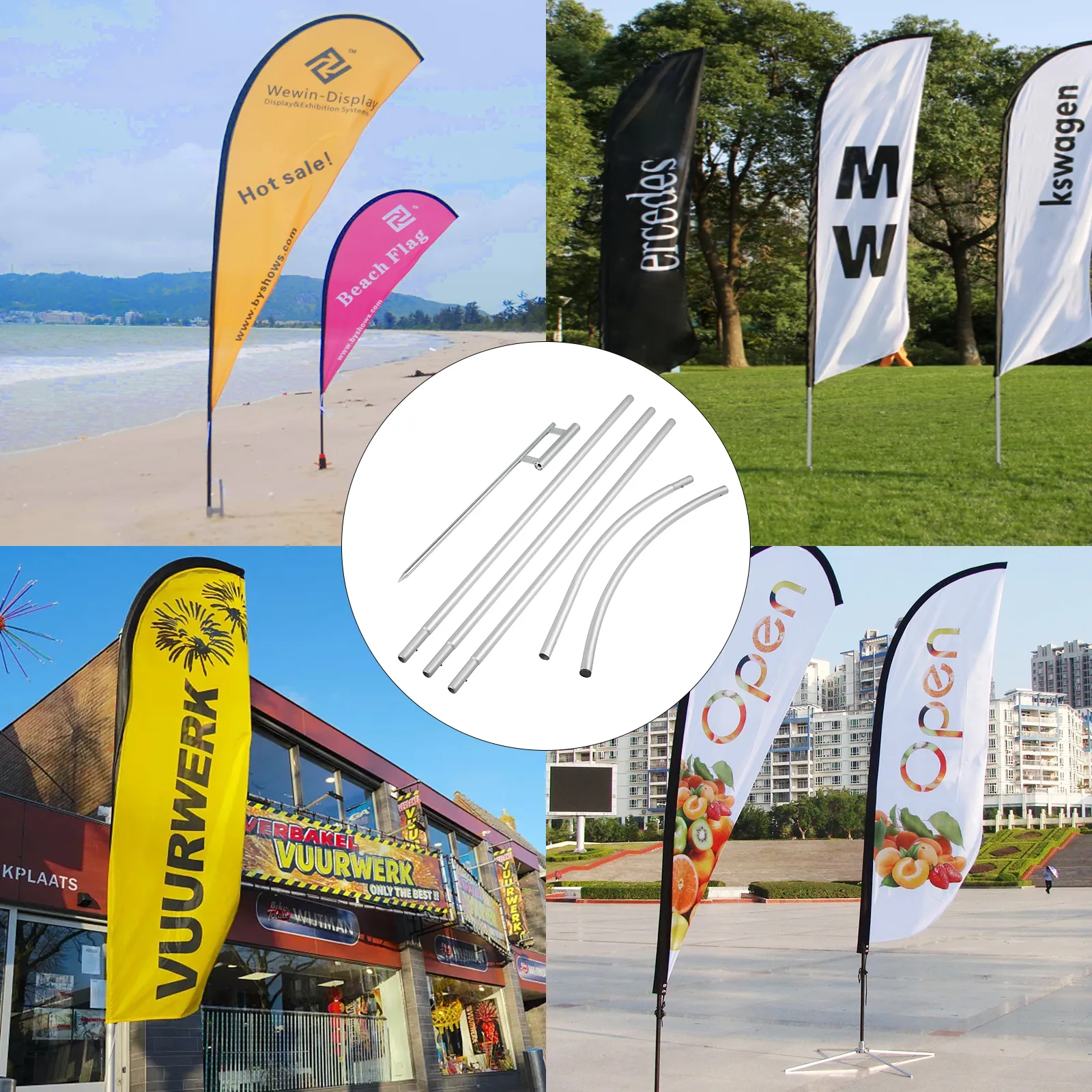 VEVOR advertising flag pole assembly with vibrant outdoor flag designs in different settings.