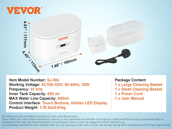 VEVOR ultrasonic jewelry cleaner sj-w4 with cleaning baskets, power cord, and user manual.