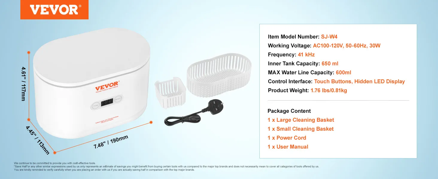 VEVOR ultrasonic jewelry cleaner sj-w4 with cleaning baskets, power cord, and user manual.