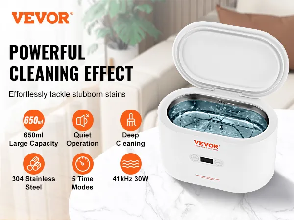 VEVOR ultrasonic jewelry cleaner with 650ml capacity, deep cleaning, quiet operation, 304 stainless steel.