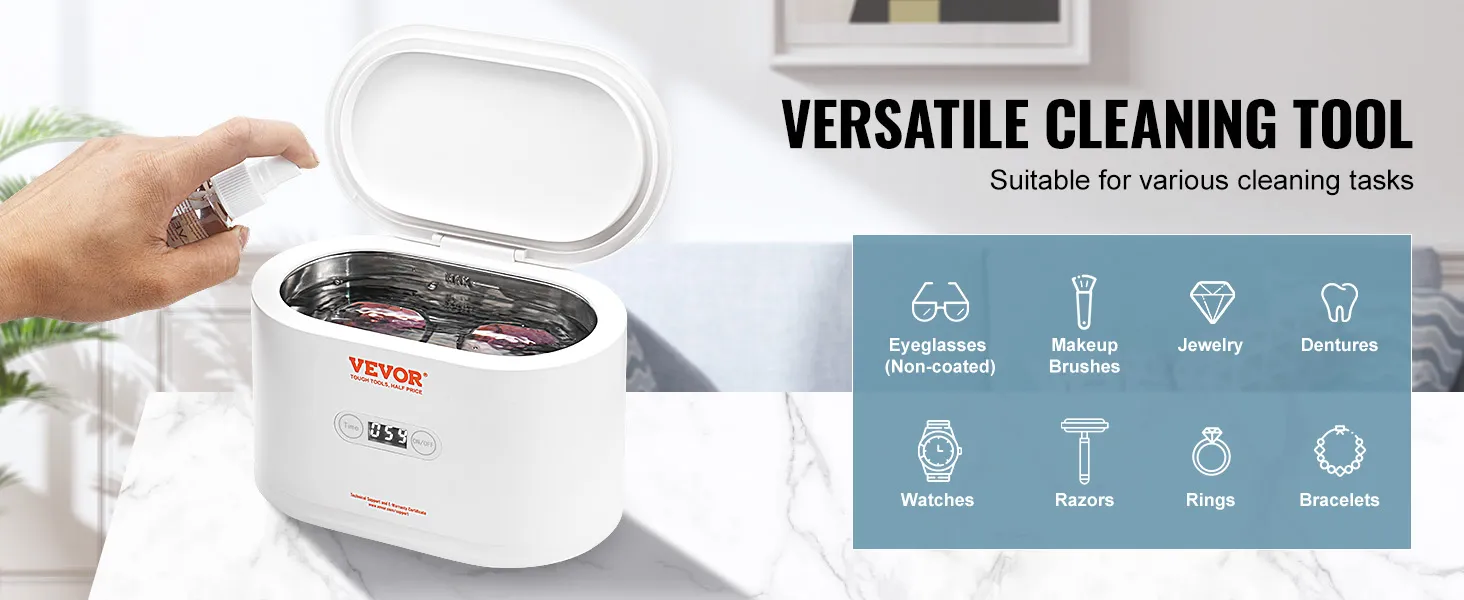 hand using the VEVOR ultrasonic jewelry cleaner with open lid, suitable for various cleaning tasks.