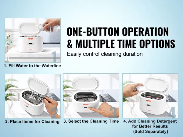 VEVOR ultrasonic jewelry cleaner: fill water, place items, select time, add detergent for better results.