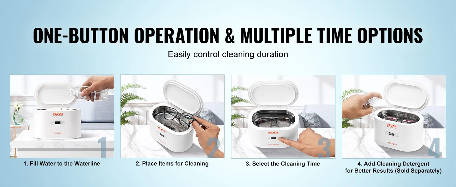 VEVOR ultrasonic jewelry cleaner: fill water, place items, select time, add detergent for better results.