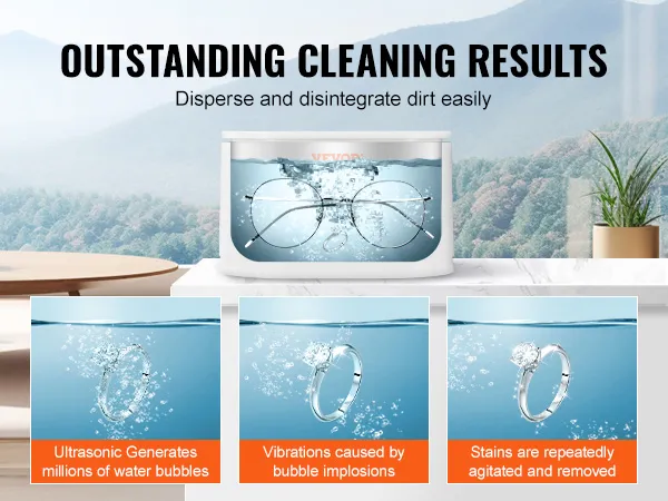 VEVOR ultrasonic jewelry cleaner disperses dirt with ultrasonic water bubbles and vibration for deep cleaning.