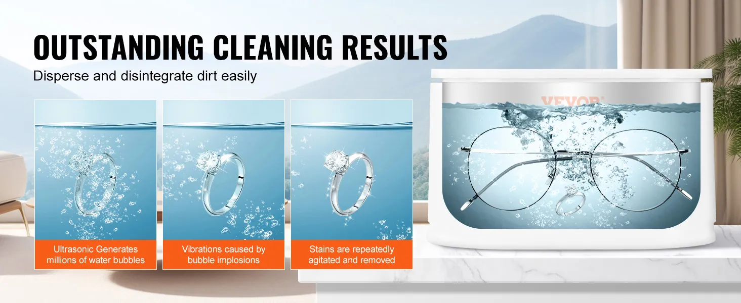 VEVOR ultrasonic jewelry cleaner disperses dirt with ultrasonic water bubbles and vibration for deep cleaning.