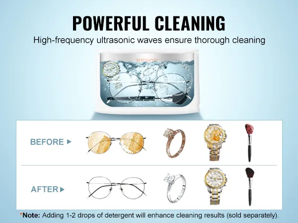 powerful cleaning of jewelry, watches, rings, glasses using VEVOR ultrasonic jewelry cleaner, before and after.
