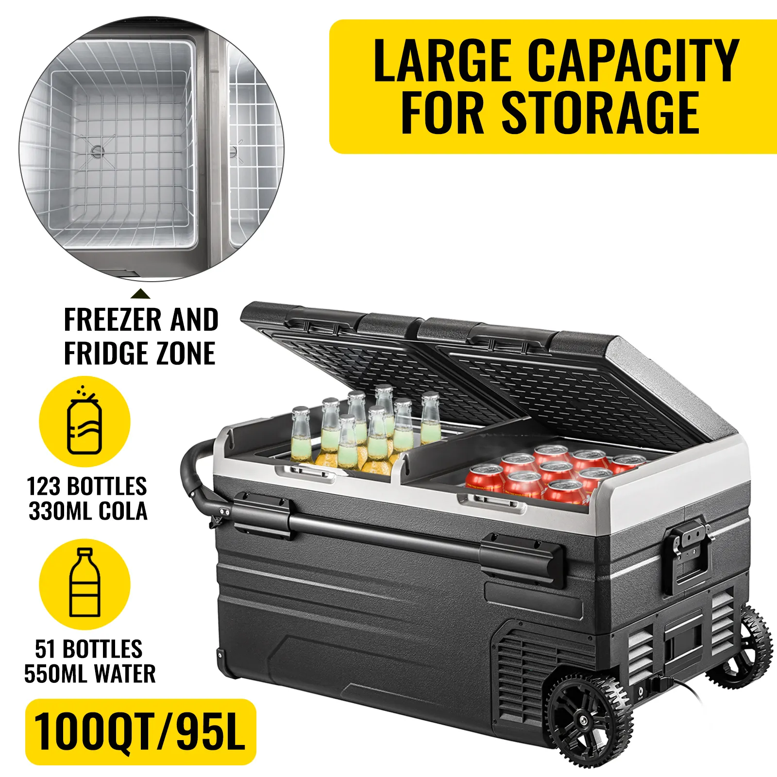 VEVOR portable car freezer 100qt/95l with large storage for drinks.