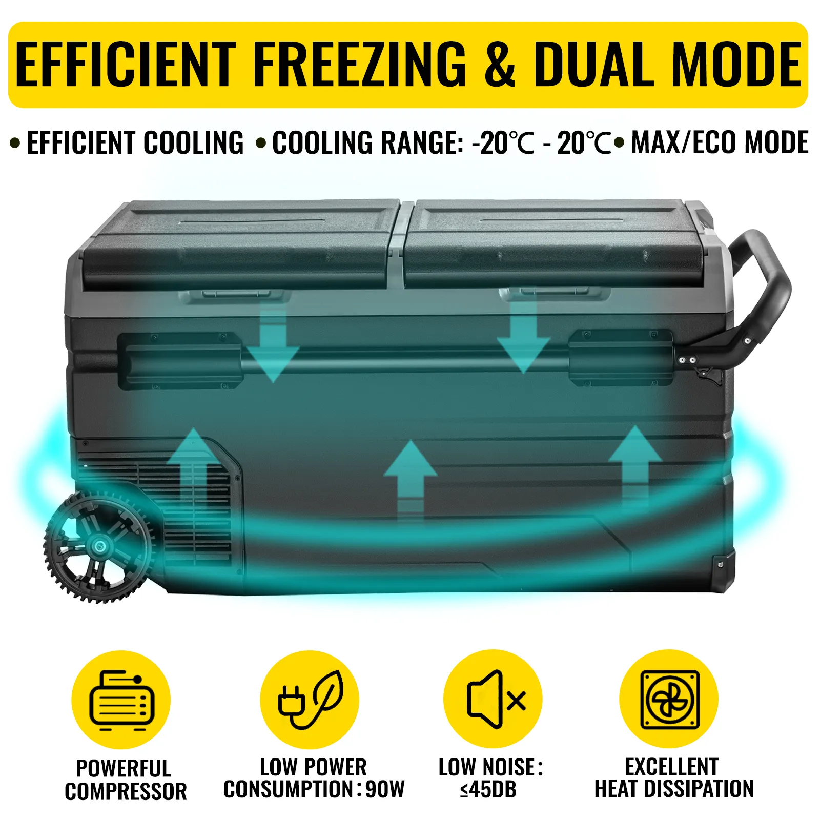 VEVOR portable car freezer promoting efficient freezing and dual mode features.