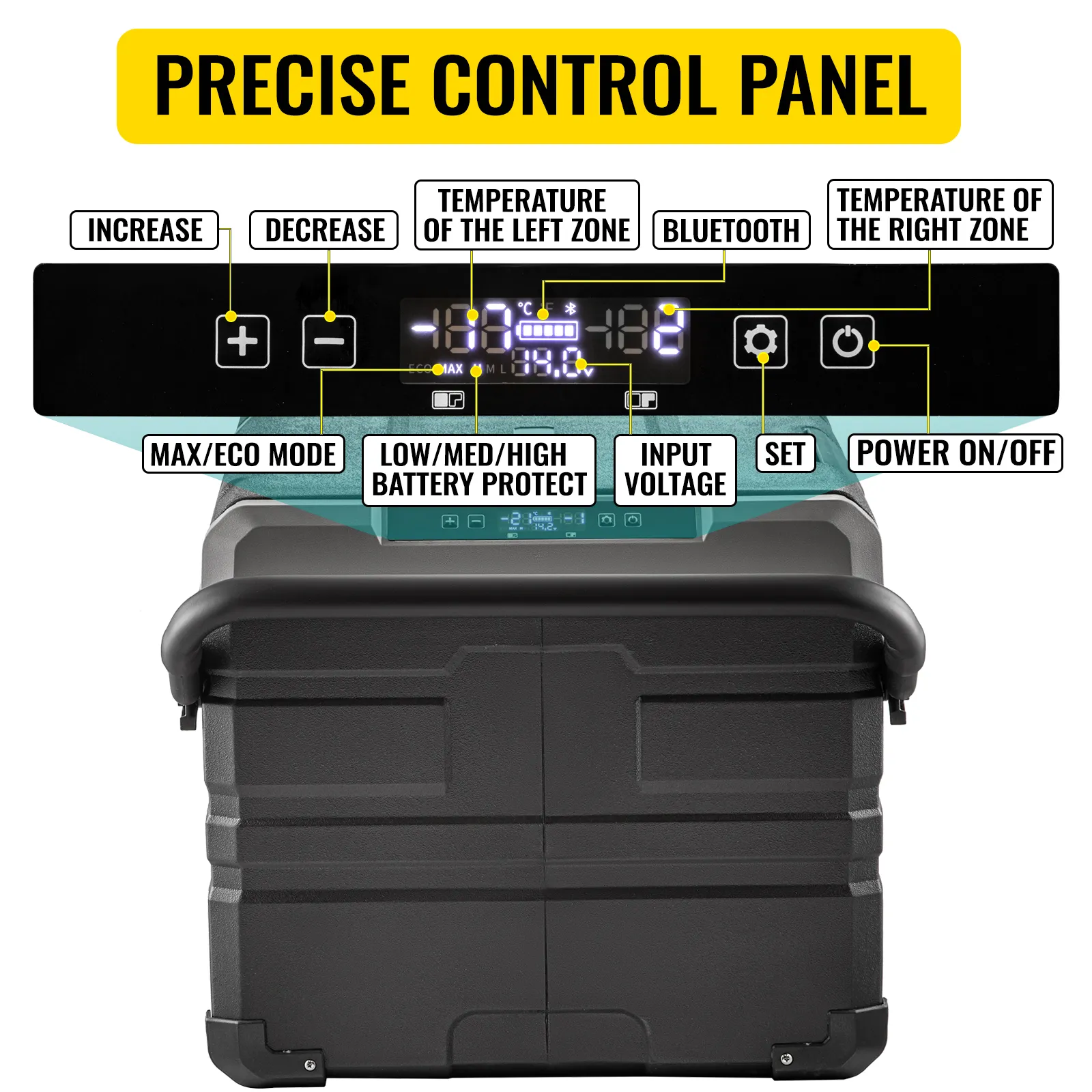 VEVOR portable car freezer control panel features detailed annotations on functionality.