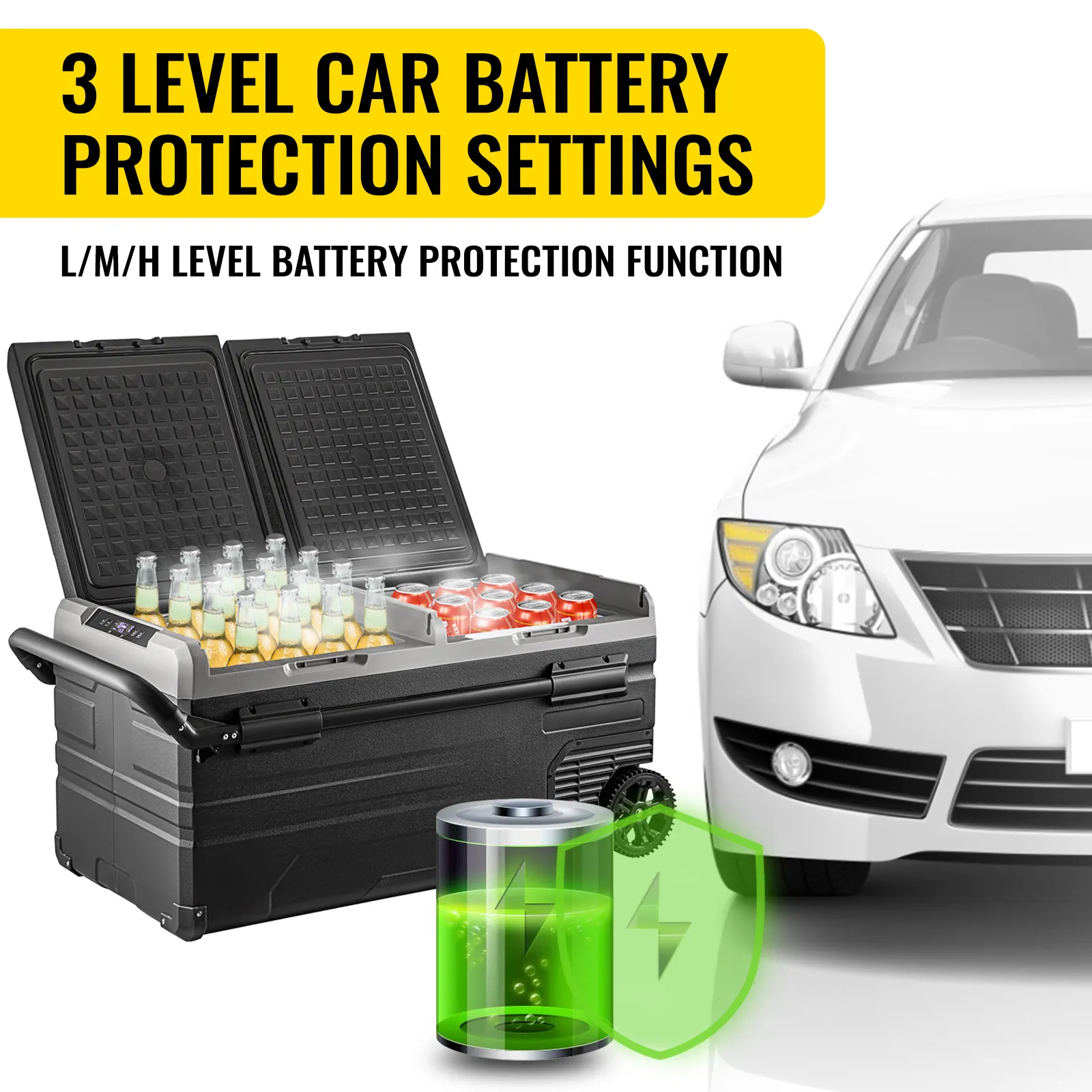 VEVOR portable car freezer with battery protection and drink storage next to white car.