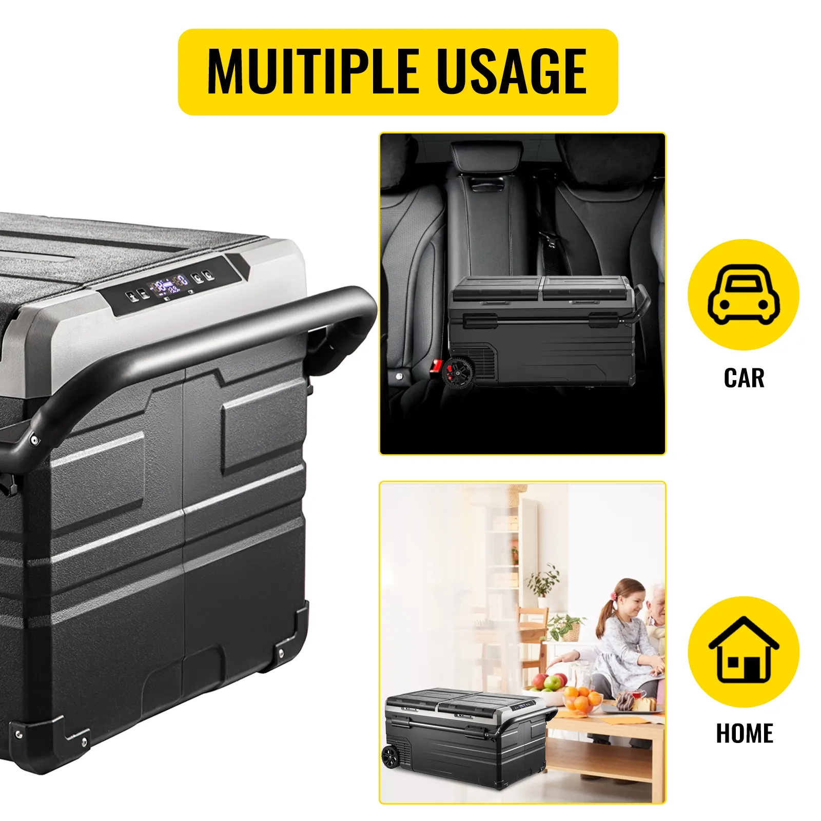 VEVOR portable car freezer for multiple usage in car and home settings.