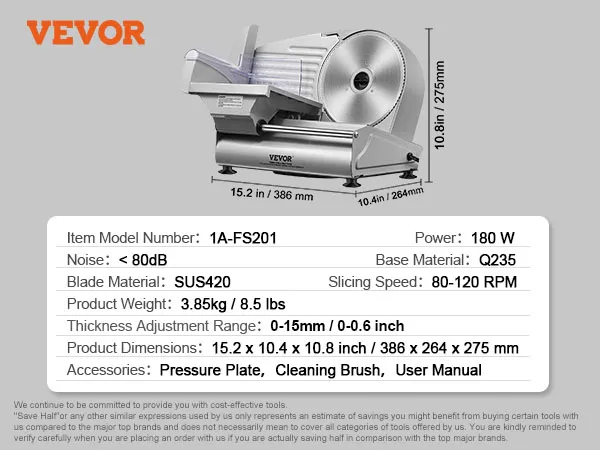 Cortadora de carne VEVOR con cuchilla sus420, velocidad de 80-120 rpm, rango de espesor 0-15mm y 180w de potencia.