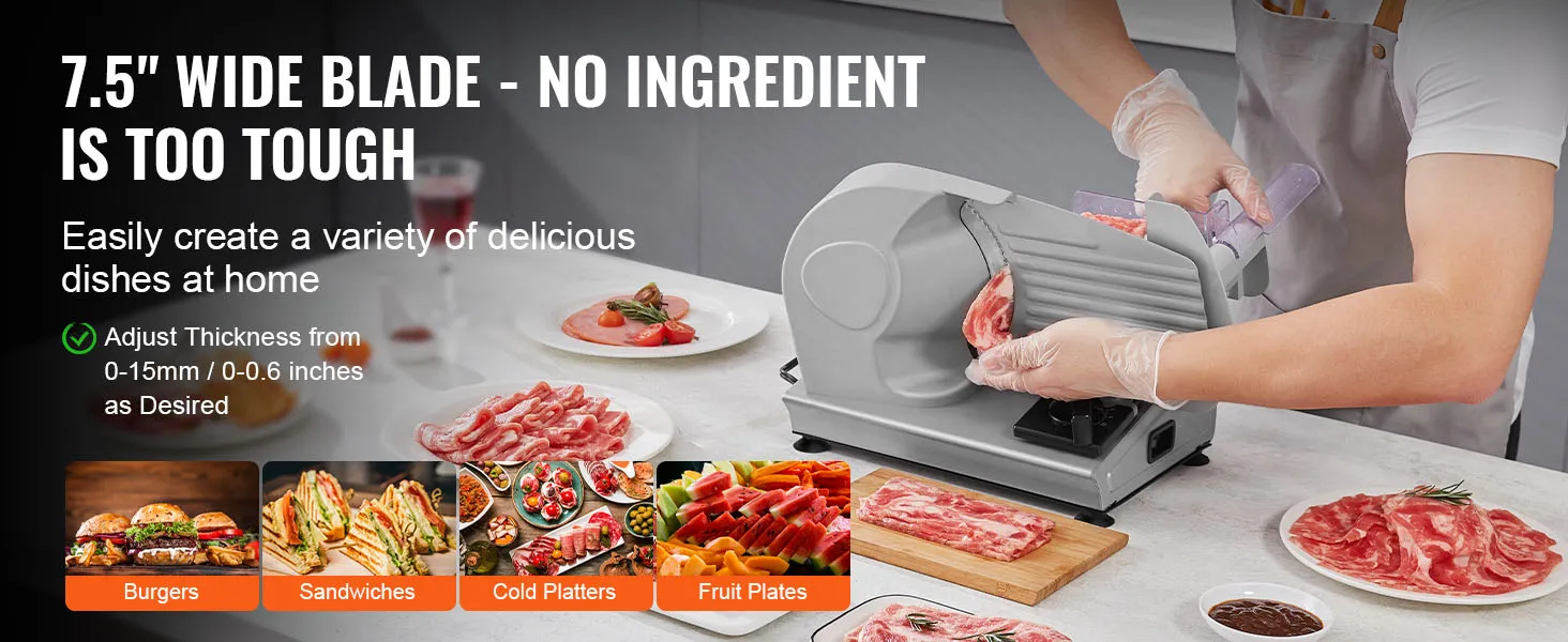 Persona que utiliza la cortadora de carne VEVOR para cortar carne; variedad de platos preparados, incluidas hamburguesas y sándwiches.