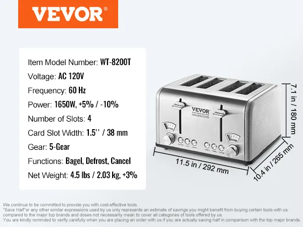 VEVOR retro stainless steel toaster, wt-8200t, 4 slots, 1650w, 1.5-inch slot width, bagel, defrost, cancel.
