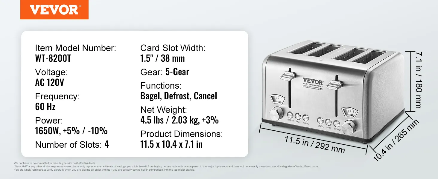 VEVOR retro stainless steel toaster, wt-8200t, 4 slots, 1650w, 1.5-inch slot width, bagel, defrost, cancel.