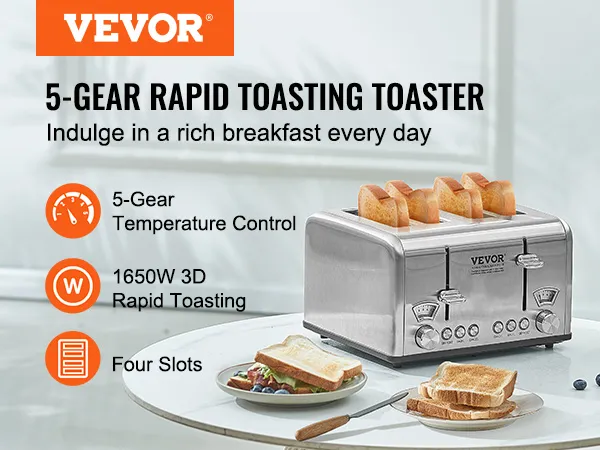 VEVOR retro stainless steel toaster with 5-gear temperature control, four slots, and 1650w rapid toasting.