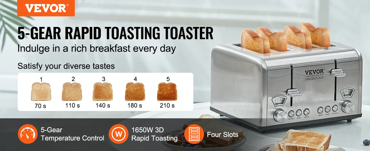 VEVOR retro stainless steel toaster with 5-gear temperature control, four slots, and 1650w rapid toasting.