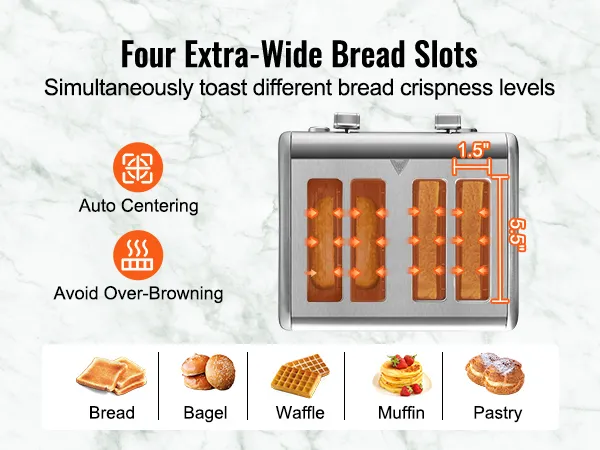 VEVOR retro stainless steel toaster with four extra-wide bread slots and dual-zone independent control.
