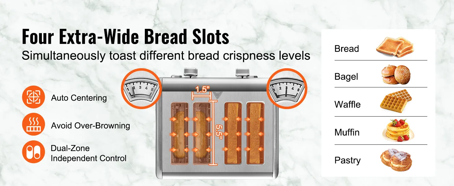 VEVOR retro stainless steel toaster with four extra-wide bread slots and dual-zone independent control.