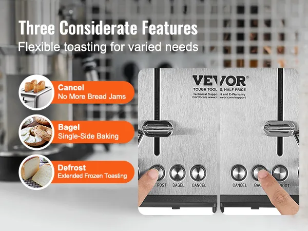 three considerate features of the VEVOR retro stainless steel toaster: cancel, bagel, and defrost options.