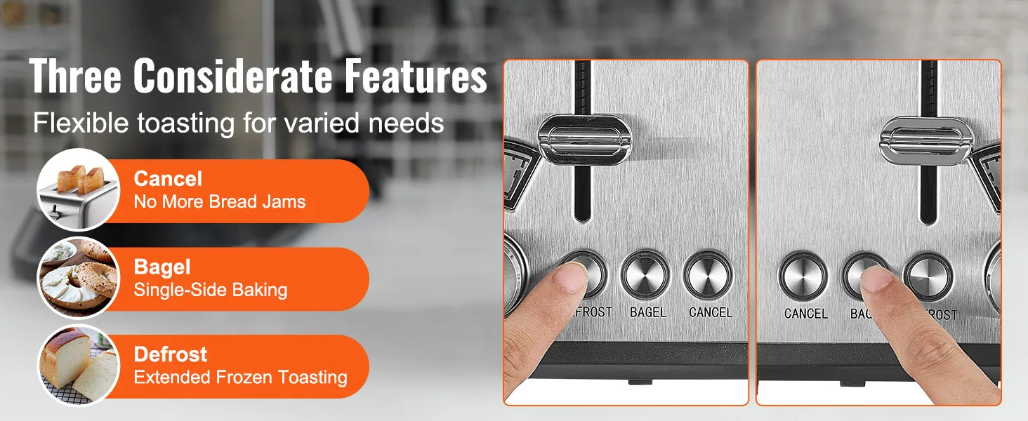 three considerate features of the VEVOR retro stainless steel toaster: cancel, bagel, and defrost options.