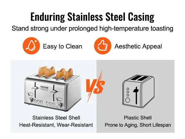 VEVOR retro stainless steel toaster vs plastic shell toaster; easy to clean, aesthetic appeal, heat-resistant.