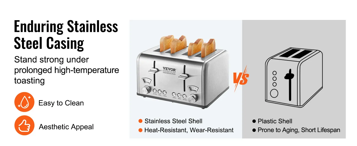 VEVOR retro stainless steel toaster vs plastic shell toaster; easy to clean, aesthetic appeal, heat-resistant.