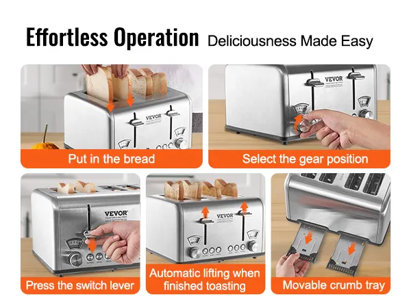 VEVOR retro stainless steel toaster steps: insert bread, select gear, press lever, automatic pop-up, crumb tray.