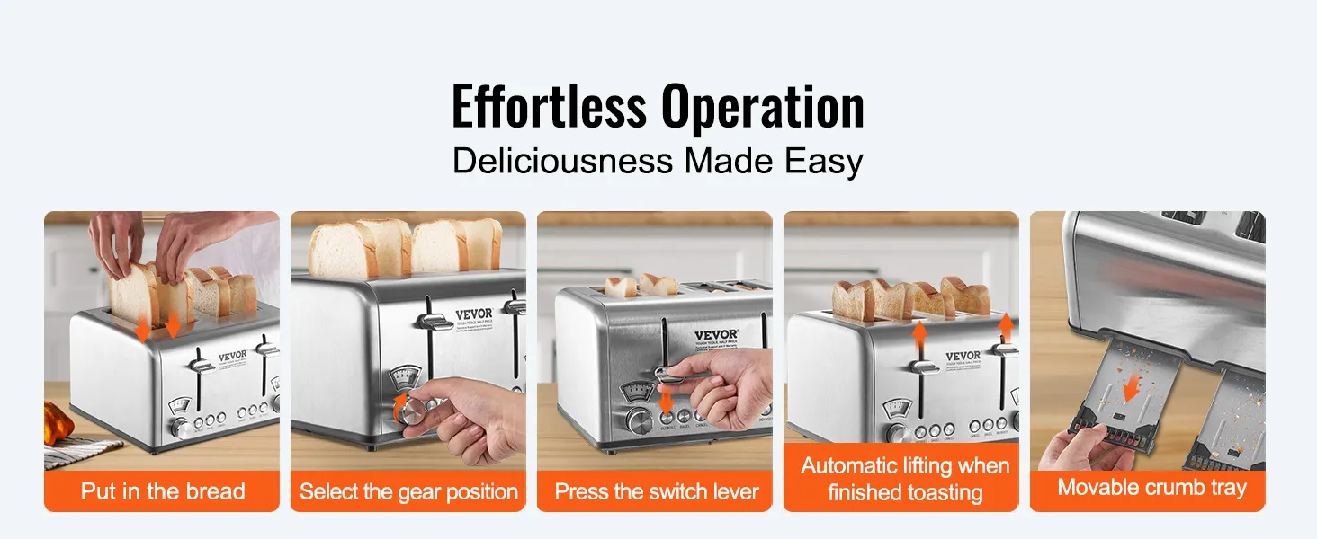 VEVOR retro stainless steel toaster steps: insert bread, select gear, press lever, automatic pop-up, crumb tray.