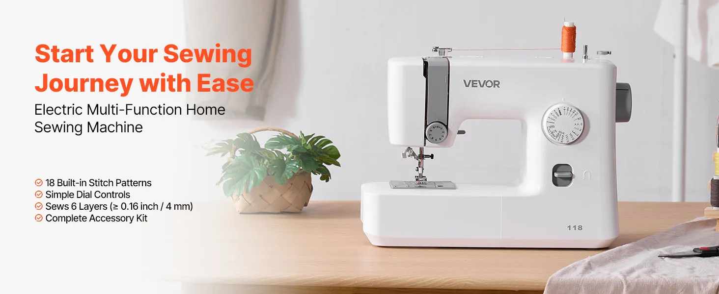 VEVOR Sewing Machine, 18 Stitch Applications, with LED Light and Foot Pedal, Simple Dial Control, Interior Metal Frame, Lightweight and Portable Beginner Sewing Machine for Adults Crafts and Mending