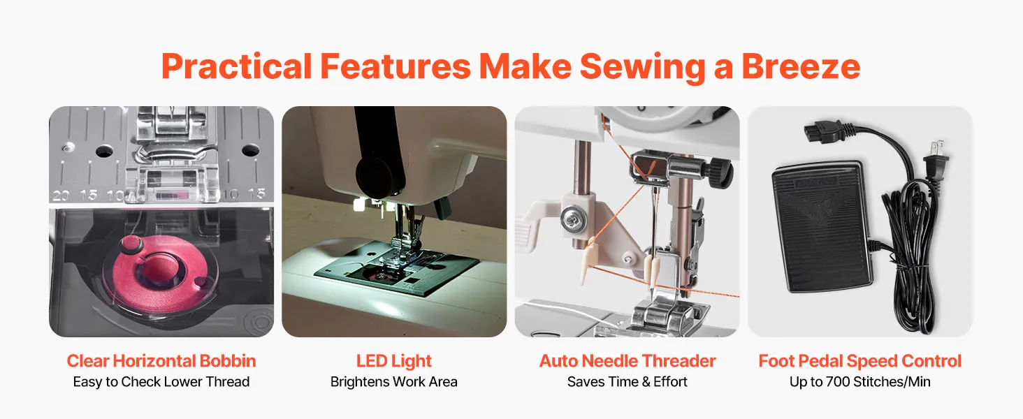 VEVOR Sewing Machine, 18 Stitch Applications, with LED Light and Foot Pedal, Simple Dial Control, Interior Metal Frame, Lightweight and Portable Beginner Sewing Machine for Adults Crafts and Mending