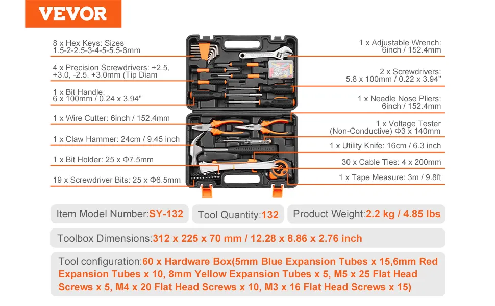 VEVOR tool kit, model sy-132, 132 tools in an organized black and orange case with labels on various tools.