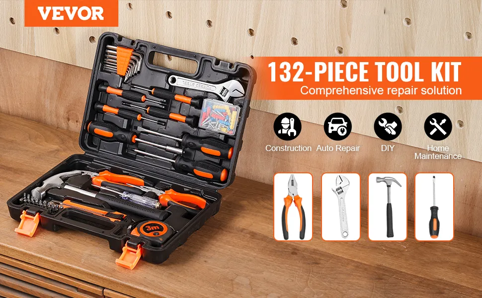 VEVOR tool kit 132-piece comprehensive repair solution for construction, auto repair, diy, and home maintenance.