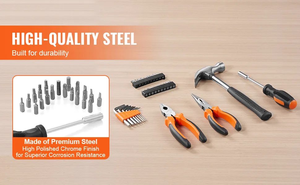 VEVOR tool kit set showcasing high-quality steel tools including pliers, hammer, screwdriver, and bits.
