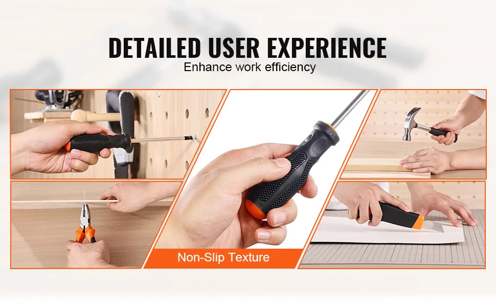 hands using the VEVOR tool kit, featuring a screwdriver, hammer, pliers, and utility knife with a non-slip grip.