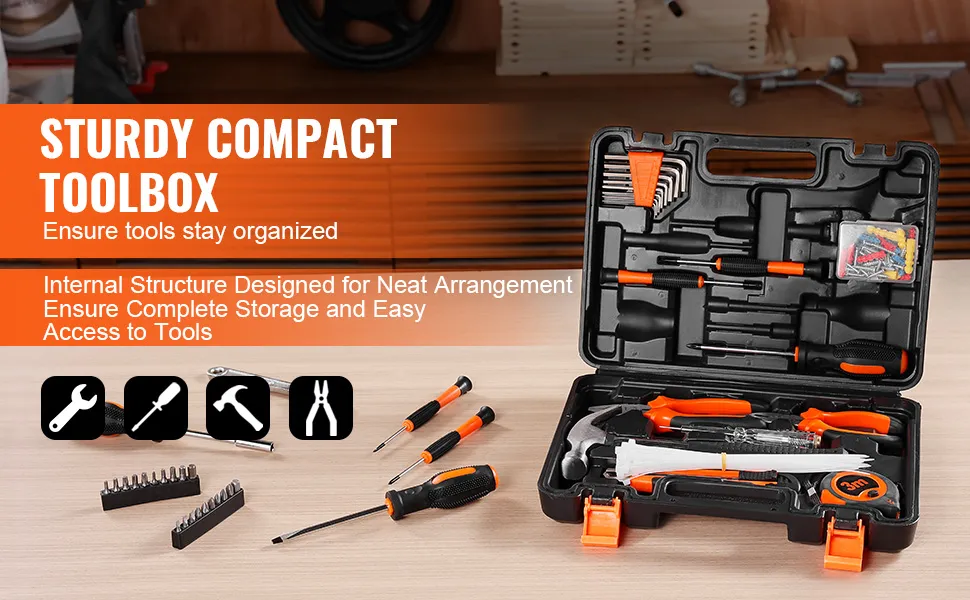 VEVOR tool kit in sturdy compact toolbox with neatly arranged tools and accessories for easy access.