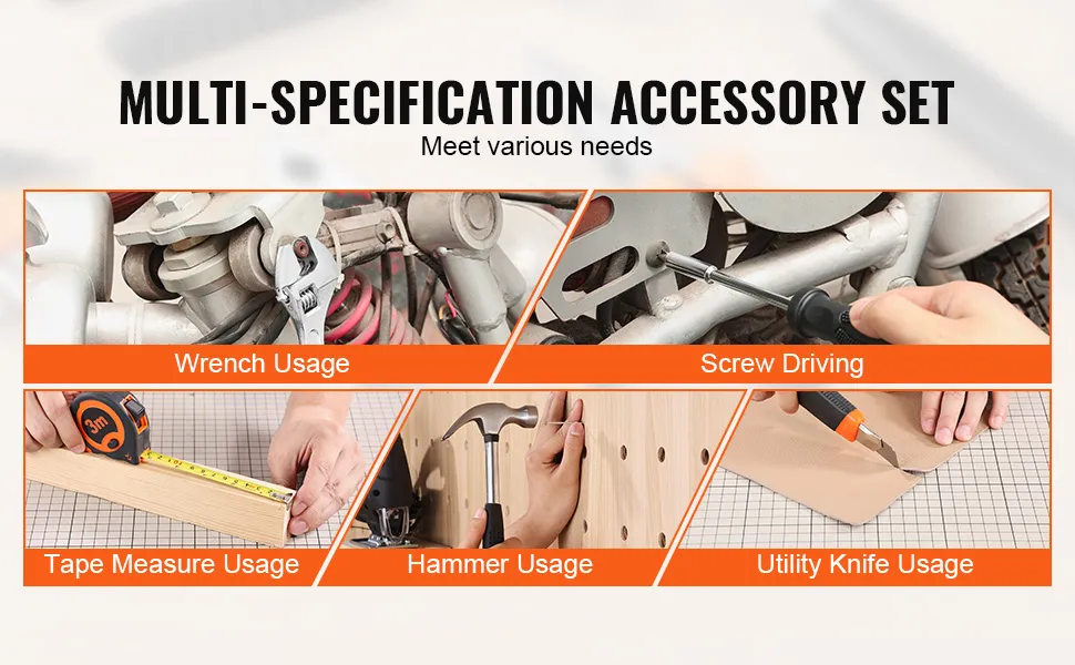 VEVOR tool kit showcasing wrench, screw driving, tape measure, hammer, and utility knife usage.