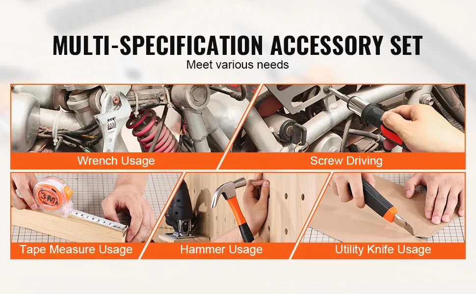 set di accessori multi-specifica che presenta il kit di utensili VEVOR per chiave inglese, cacciavite, metro a nastro, martello, taglierino.