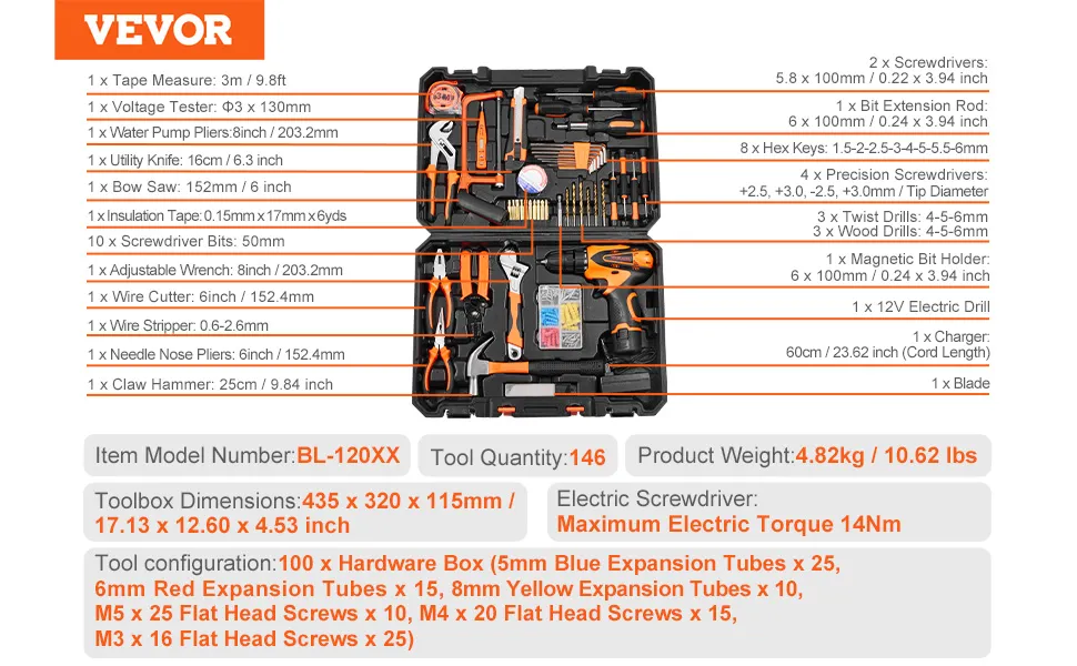 czarny zestaw narzędzi VEVOR z różnymi narzędziami, w tym śrubokrętami, szczypcami, wiertarką elektryczną i narzędziami.