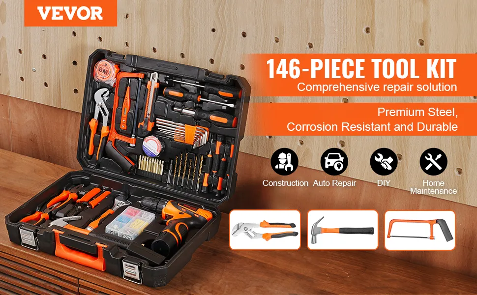 Zestaw narzędzi VEVOR: 146-elementowy zestaw w otwartej walizce na stole warsztatowym, idealny do prac budowlanych, naprawczych i konserwacyjnych w domu.