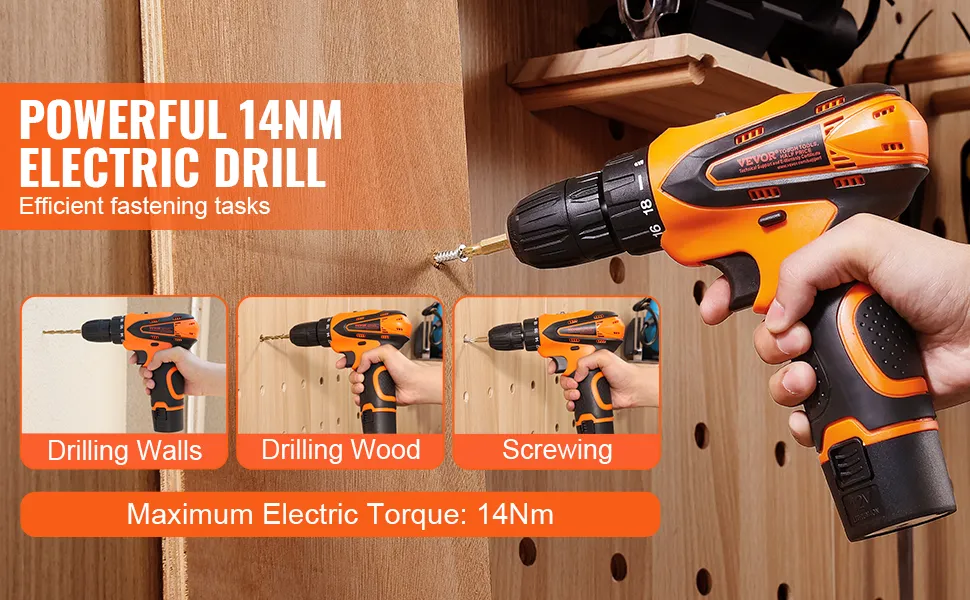 mocna wiertarka elektryczna 14 nm marki VEVOR, zestaw narzędzi do łatwego wiercenia w ścianach, drewnie i wkręcania śrub.