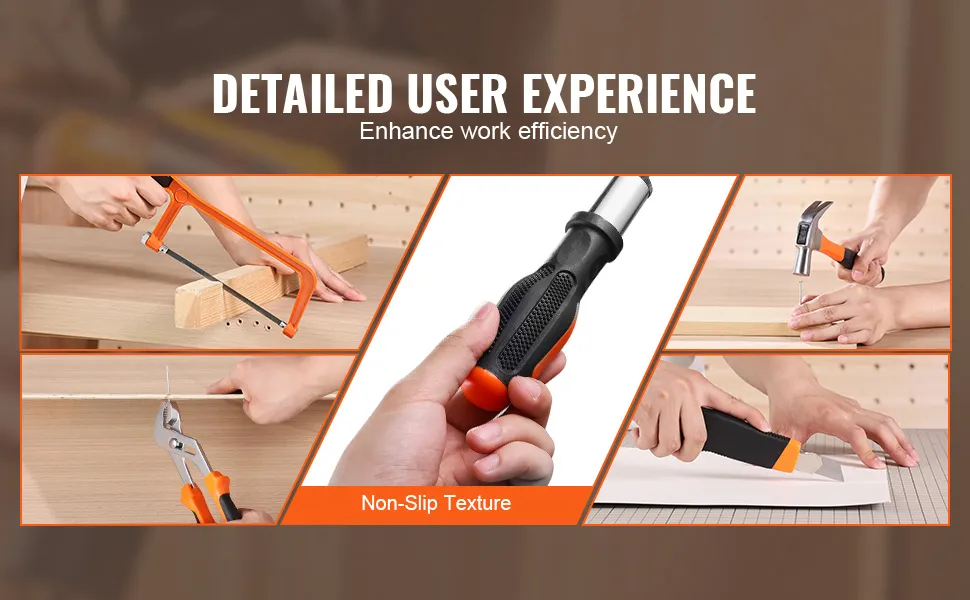 dłonie korzystające z różnych narzędzi z zestawu narzędzi VEVOR, w tym piły, szczypiec i młotka z uchwytem antypoślizgowym.