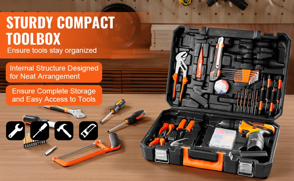 solidna, kompaktowa skrzynka narzędziowa z narzędziami starannie ułożonymi, co zapewnia kompletne przechowywanie i łatwy dostęp; zestaw narzędzi VEVOR.