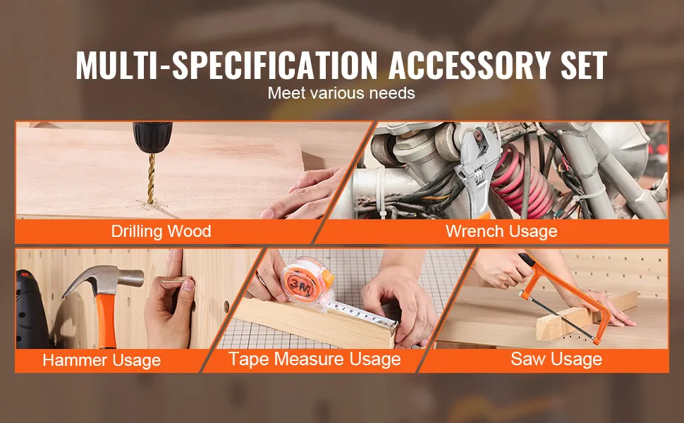 Zestaw narzędzi VEVOR o wielu zastosowaniach, umożliwiający wiercenie, używanie klucza, młotka, miarki i piły.