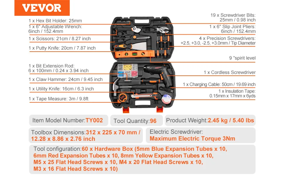 VEVOR tool kit with 96 tools in an orange and black case, featuring a cordless screwdriver and essentials.