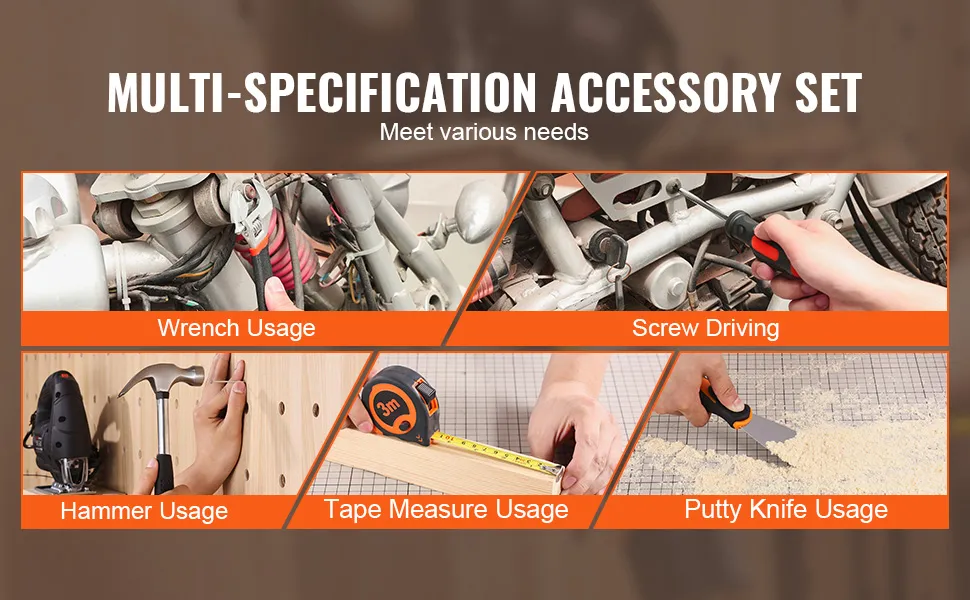 multi-specification accessory set featuring wrench, screw driving, hammer, tape measure, and putty knife usage.