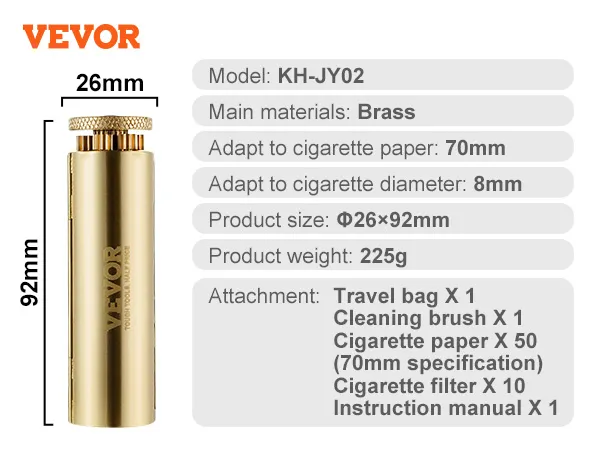 VEVOR cigarette rolling machine, brass body, measures 26x92mm, includes accessories, adapts to 70mm papers.