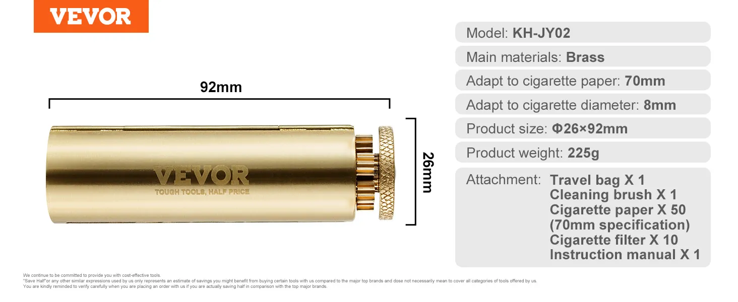 VEVOR cigarette rolling machine, brass body, measures 26x92mm, includes accessories, adapts to 70mm papers.