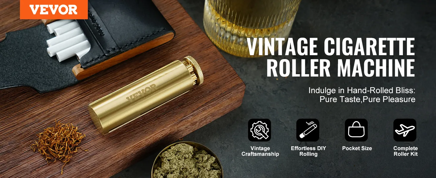 VEVOR cigarette rolling machine in brass finish on wood surface with tobacco, papers, and whiskey glass.